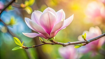 light pink magnolia flower blooming pattern with twig and leaves forced perspective