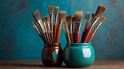 Collection of artist brushes in colorful jars on wooden surface, focusing on creativity and art tools.
