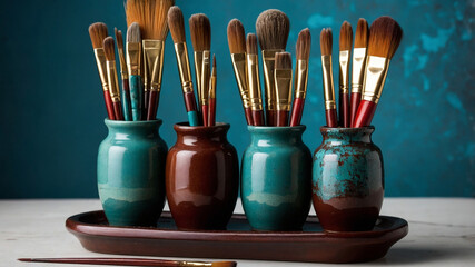 Collection of artist brushes in colorful jars on wooden surface, focusing on creativity and art tools.