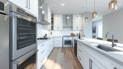 Fototapeta premium A modern kitchen with white cabinetry, concrete countertops