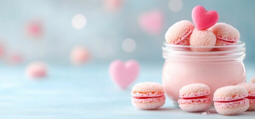 Valentine' sweets with raspberry on a pink background. Copy space for text. For February 14, birthday, anniversary, wedding, design, banner, shoop, etsy, linkedin. social media, cover, menu, cafe 