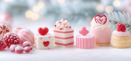 Valentine' sweets with raspberry on a blue background. Copy space for text. For February 14, birthday, anniversary, wedding, design, banner, shoop, etsy, linkedin. social media, cover, menu, cafe 