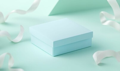 A blue box on a mint background with white ribbons.