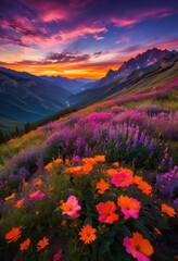 Obraz premium stunning landscape views under vivid sunset skies colorful clouds mountain silhouettes highlighted twilight glow, sky, nature, horizon, reflection, shadow