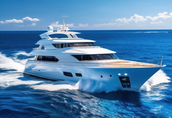 vibrant ocean waves crashing luxury yacht surrounded bright blue sky sunlight serene seascape, beach, water, marine, boat, cruise, aerial, summer, clouds