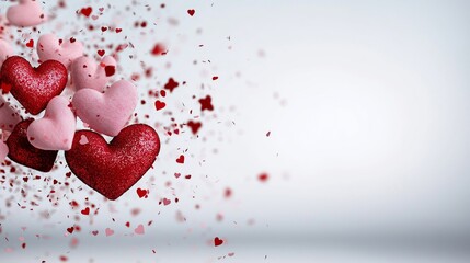 A photo of red and pink heart-shaped confetti in mid-air, spreading joy and romance, perfect for Valentine's Day celebrations and expressing love