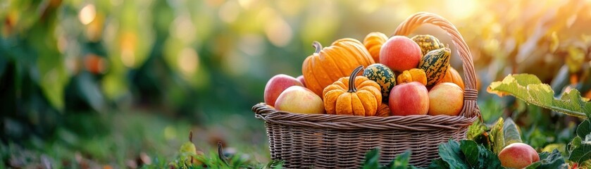 Bountiful harvest of pumpkins and apples in a rustic basket on a sunny day.