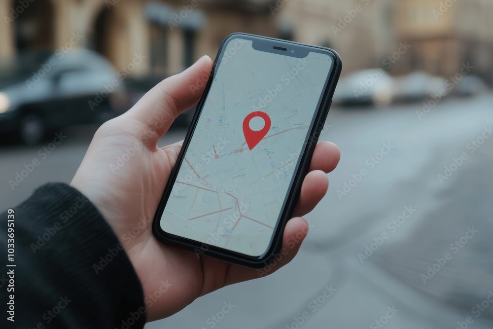 Aufkleber the close-up of a male hand gripping a smartphone shows a location pin on the screen, highlighting n