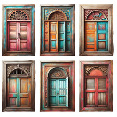 Fototapeta premium Collection of Colorful Vintage Wooden Doors with Ornate Carvings on Transparent Background, PNG