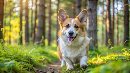 Welsh Corgi Pembroke for a Walk in the Beautiful Forest