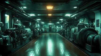 Fototapeta premium Industrial machinery in a dimly lit corridor.