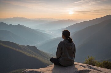 Woman meditating on mountaintop enjoying sunset view
