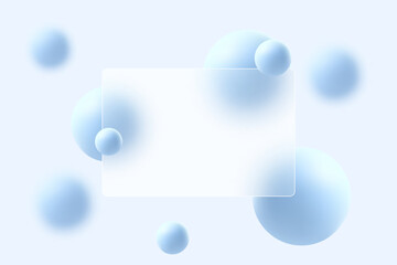 Glass morphism website landing page template. Frosted glass partition with floating blue spheres.