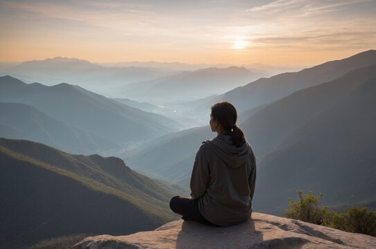 Woman meditating on mountaintop enjoying sunset view