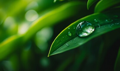 A water droplet on a green leaf.