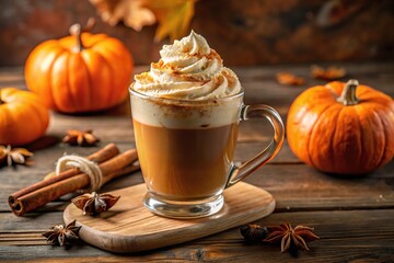 Luxurious gourmet pumpkin spice latte with whipped cream and cinnamon stick on a low angle shot perfect for autumn