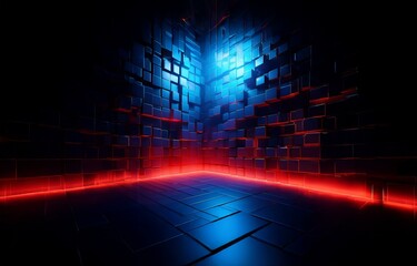 A dark room illuminated by red and blue neon light, with a tiled floor and walls made of stacked square blocks.