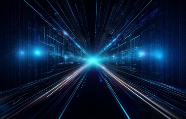 A digital, abstract background of glowing blue lines converging towards a bright light at the end of a tunnel.