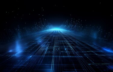 A digital landscape with glowing blue lines and dots, creating a futuristic and abstract design.