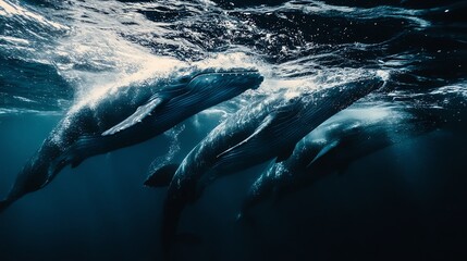 A pod of humpback whales swimming underwater in a blue ocean.