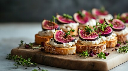 Gourmet fig and goat cheese crostini appetizers on rustic wooden board. Fresh figs, creamy cheese, and herbs create an elegant and colorful display for a sophisticated party spread.