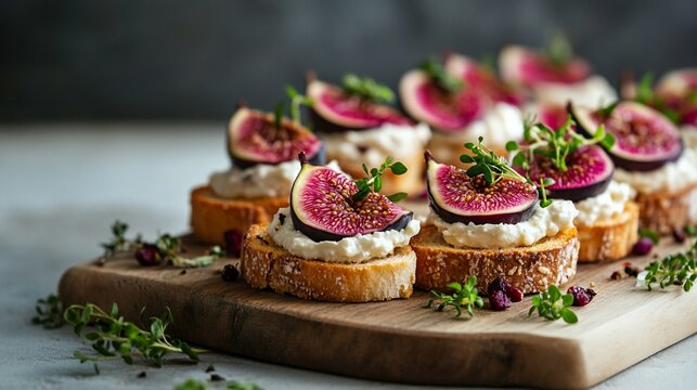 Gourmet fig and goat cheese crostini appetizers on rustic wooden board. Fresh figs, creamy cheese, and herbs create an elegant and colorful display for a sophisticated party spread.