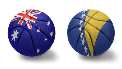 basketball balls with the national flags of bosnia and herzegovina and australia on the white...