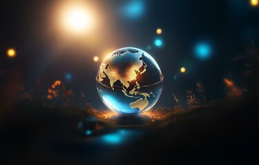 A glowing glass sphere representing Earth sits in a darkened environment with warm and cool lighting.