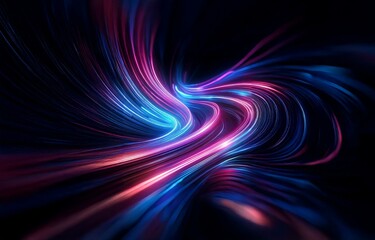 Abstract glowing neon lines forming a swirling, dynamic shape against a dark background.