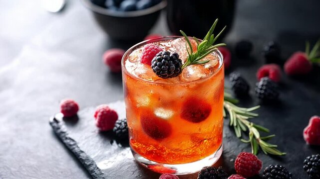 A close-up of a refreshing summer cocktail with raspberries, blackberries, and rosemary garnish in a glass filled with ice on a black slate surface.