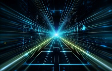 Obraz premium A digital tunnel with glowing lines and a bright light at the end.