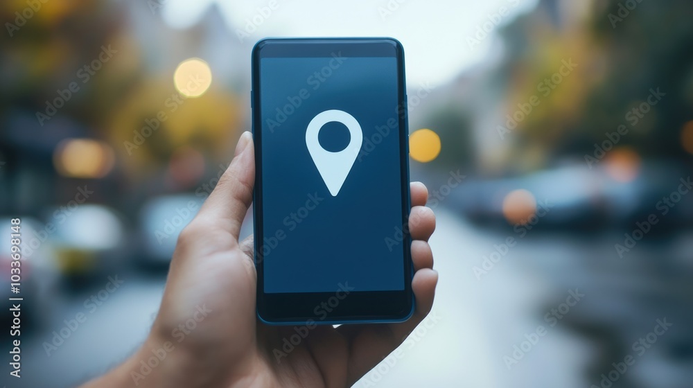 Poster a person uses a smartphone to check their location on a city street as evening sets in, with urban s