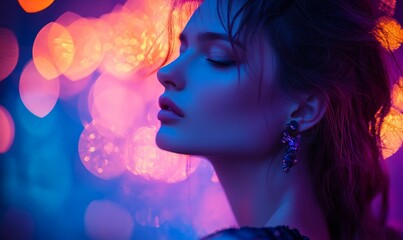 Woman's face with colorful lights and earring.