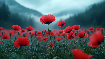 Obraz premium A morning mist blankets a wide field of red poppies, creating a dreamy and romantic landscape.