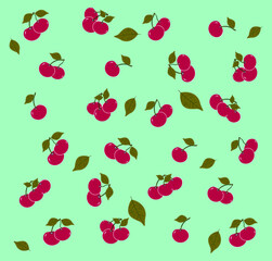 Seamless pattern with cherry. Vector. Bright green background