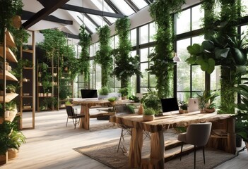 Fototapeta premium contemporary workspace design infused nature inspired elements featuring natural earthy color palettes refreshing aesthetic, greenery, office, plants, wood