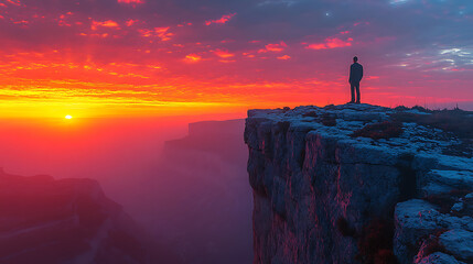 Reflective Moment on a Mountain Cliff at Sunset
