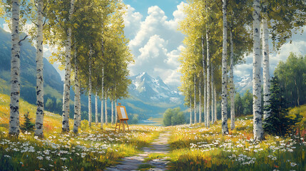 Poplar Trees of the Northwest with Landscape Painting