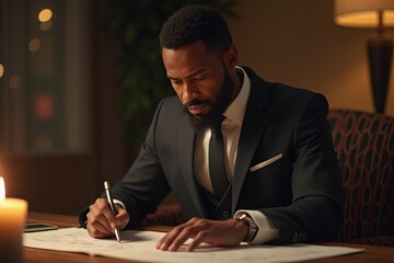 Business professional focused on writing plans in a dimly lit office during evening hours