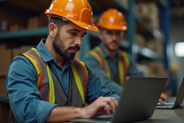 Skilled engineers working on laptops in warehouse during the day to improve operational efficiency