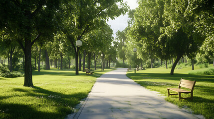 Sunny Park with Lush Greenery and Peaceful Atmosphere