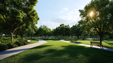 Sunny Park with Lush Greenery and Peaceful Atmosphere