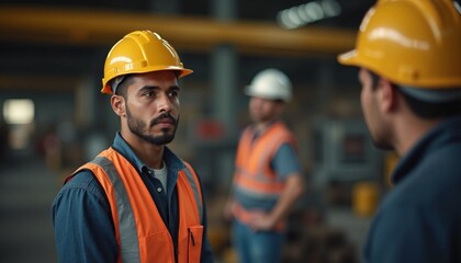 Construction workers share moment of friendship in busy industrial setting during daytime