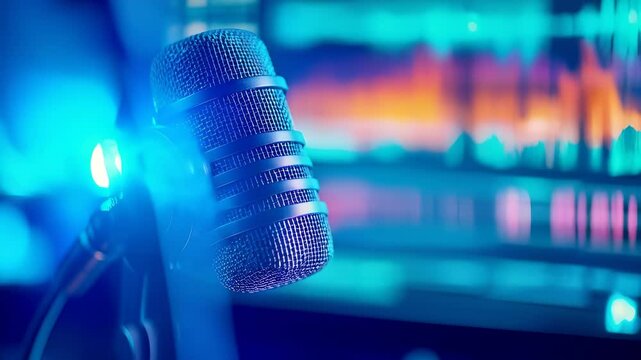 Vintage Microphone and Modern Technology Capturing Essence of Audio Recording and Sound Broadcasting in Creative Studio Atmosphere with Vibrant Colors and Professional Equipment