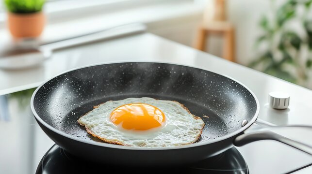 A perfectly cooked fried egg in a black pan on a white countertop.