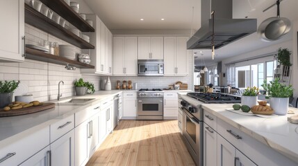 A sleek kitchen with white cabinets, quartz countertops
