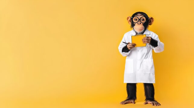 A cute monkey wearing glasses and a lab coat, holding a clipboard, against a yellow background.
