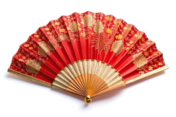 Red Chinese paper folding fan with gold pattern isolated on white background