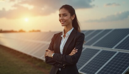 Professional latin woman investment manager smiles confidently while examining solar panels at sunset outdoors