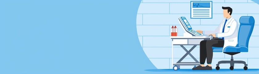 A doctor working at his desk, engaged in patient care and using technology, showcasing modern healthcare professionalism.